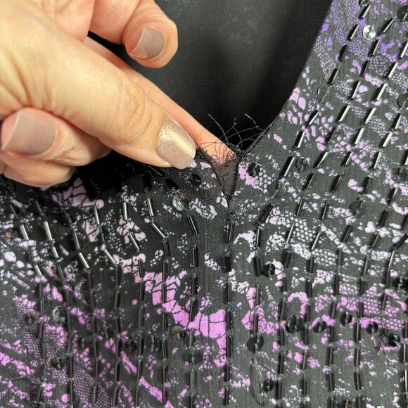 Maggie Barnes Lined Sheer Sequin Top Dark Romantic Black Purple 5X 34/36 E111 - Picture 5 of 11
